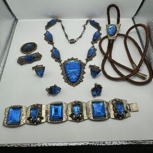 RARE (Entire Full Set) 1960s Taxco Sterling Silver and Blue Glass Jewelry Marked